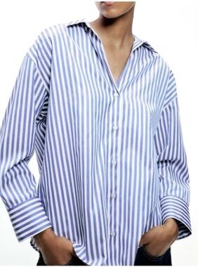 Zara Blue and White Striped Button Down Collared Shirt